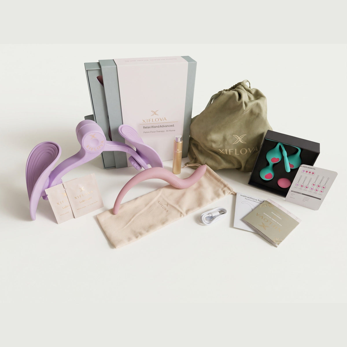 XIFLOVA Relax Wand Complete System: heated wand, Kegel ball set, pelvic floor exerciser, pouches, manuals and box